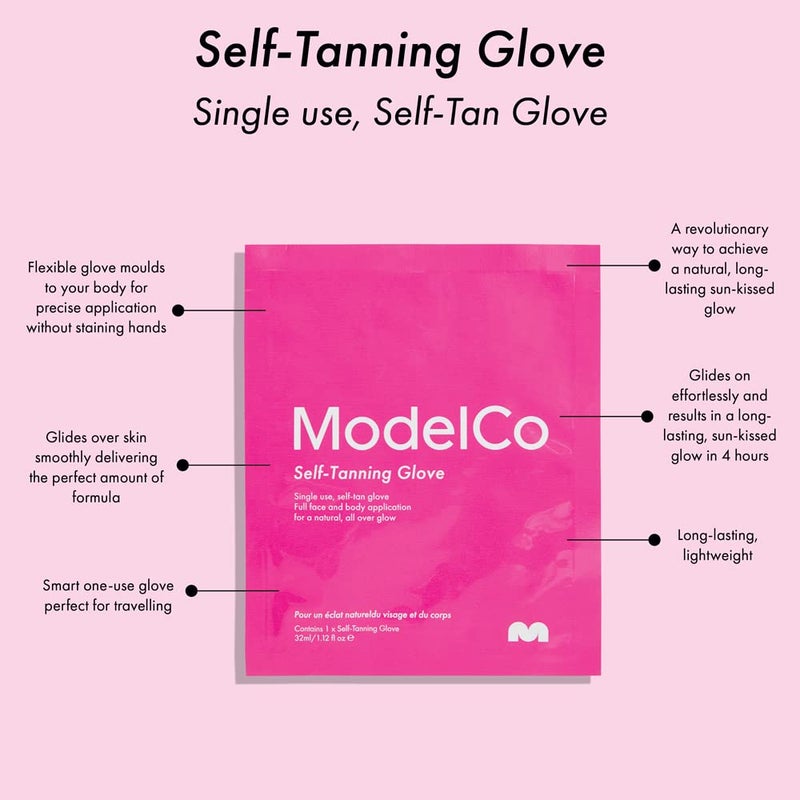 Modelco Self-Tanning Glove fits perfectly onto your hand for an express, quick drying, non-sticky application â€“ no mess, no fuss, no streaks! The single use glove contains the precise amount of self-tan product to impart a flawless full body tan or apply to arms, legs and dÃ©colletage. The clear formula develops into a deep bronze within 4 hours and lasts for days. - Image 2